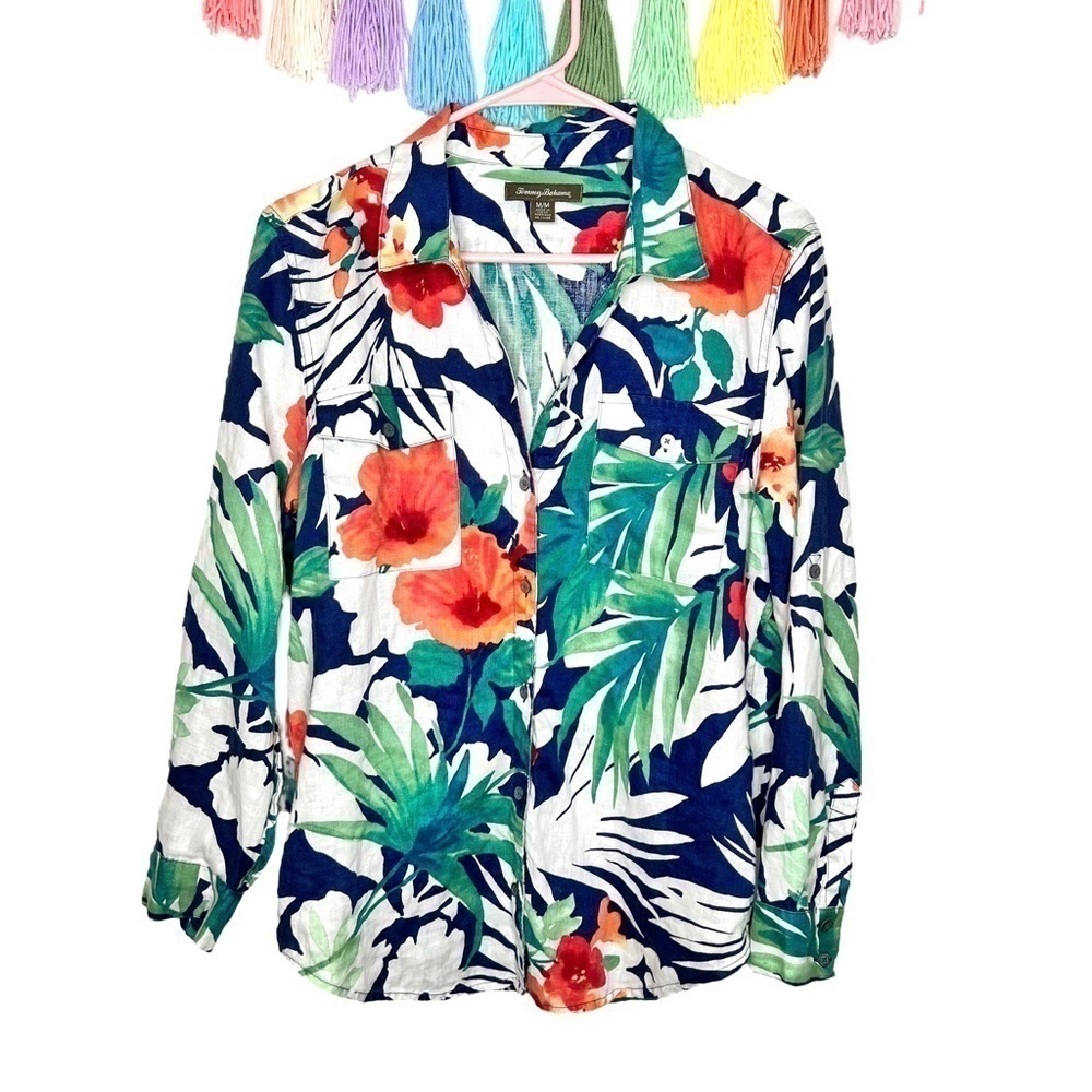 Tommy Bahama Victoria Bloom Floral Tropical Long Sleeve Palm Leaf Blouse Medium